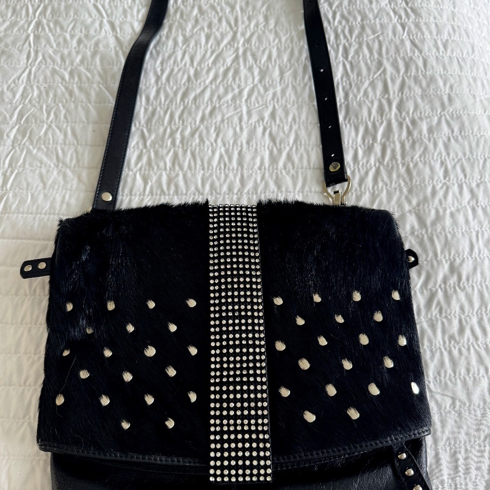 DX Touch Cowhide Italian Black Leather Bag with Swarovski Crystals